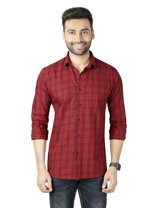 men mauve tartan checks cotton blend casual shirt - 20293284 - Very Small Image - 1