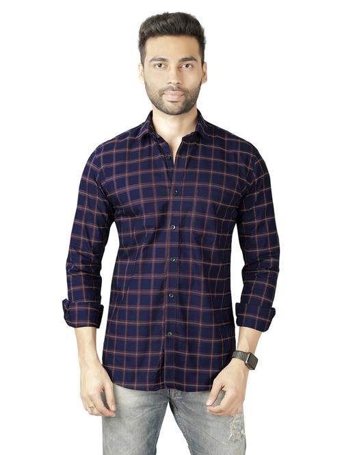 men dark blue checks cotton blend casual shirt - 20293285 - Very Small Image - 1