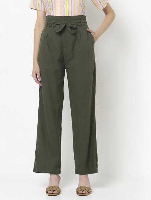 olive solid high rise pleated trouser - 20294233 - Very Small Image - 1