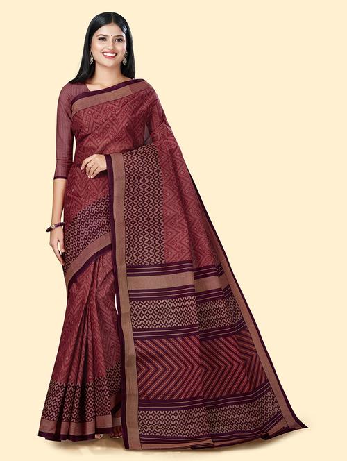 brown colored printed saree with blouse - 20294674 - Very Small Image - 1