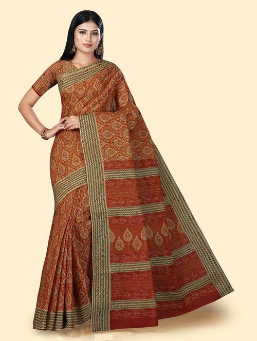 women's floral orange colored saree with blouse - 20294698 - Very Small Image - 1
