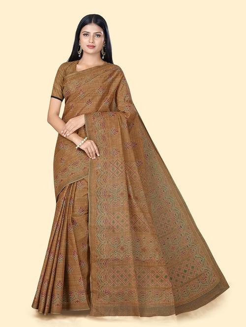 women's floral brown colored saree with blouse - 20294706 - Very Small Image - 1