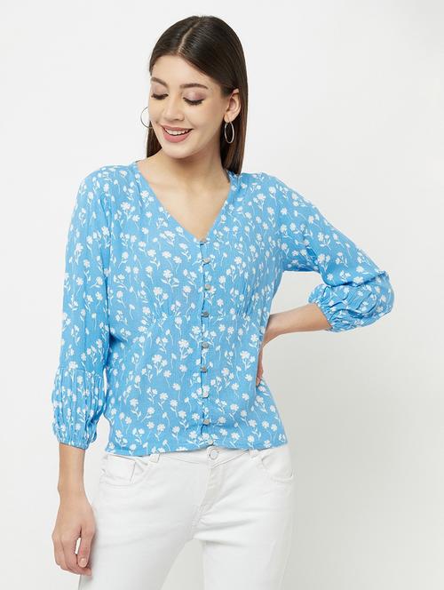 light blue floral print bishop sleeves top - 20294930 - Very Small Image - 1