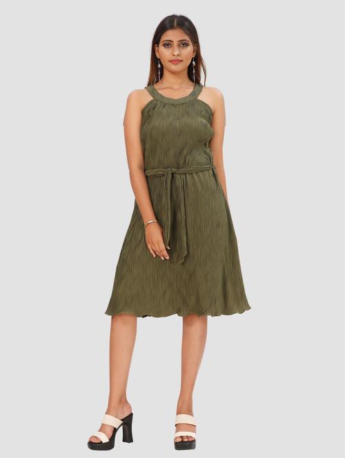 olive solid halter neck fit & flare dress - 20295197 - Very Small Image - 1