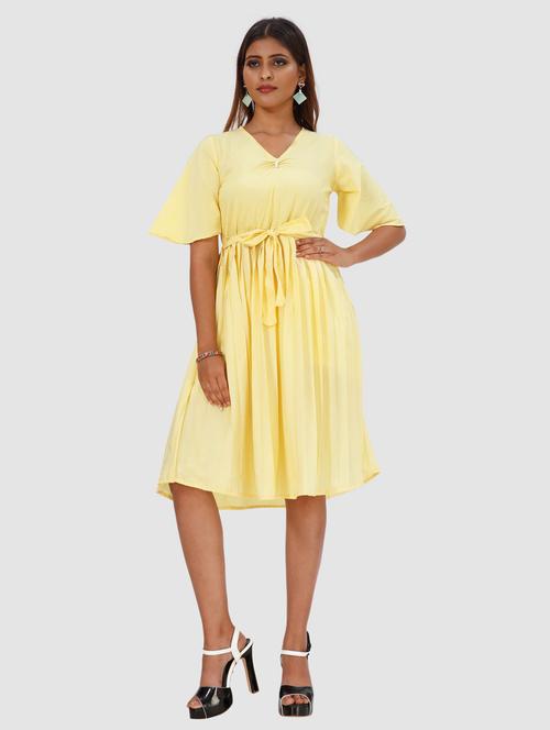 yellow solid fit & flare dress - 20295273 - Very Small Image - 1