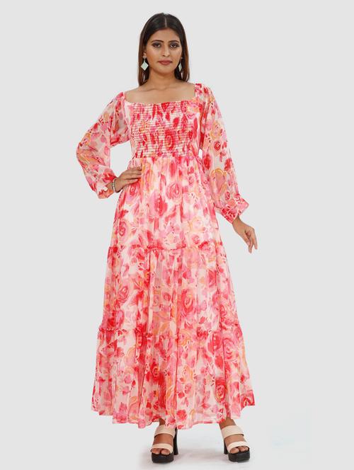 red floral print long sleeves tiered dress - 20295333 - Very Small Image - 1