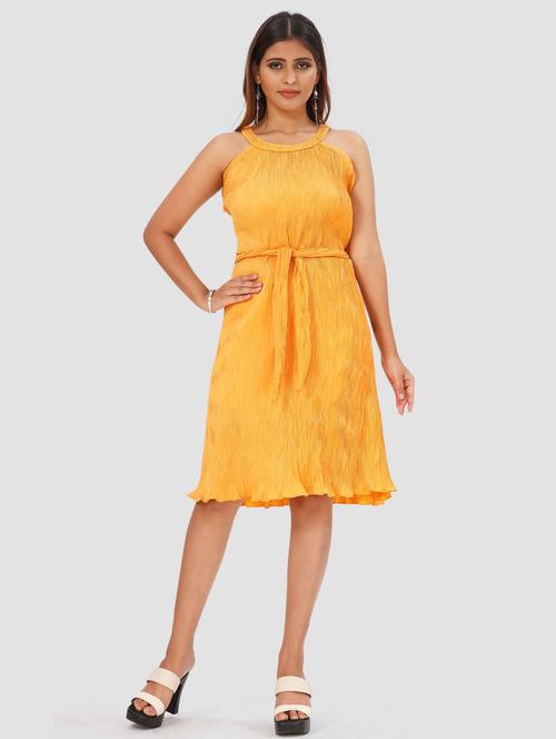 yellow solid halter neck a-line dress - 20295387 - Very Small Image - 1