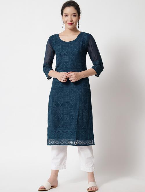 teal colored straight kurta - 20295515 - Very Small Image - 1