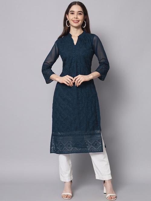 teal colored straight kurta - 20295558 - Very Small Image - 1