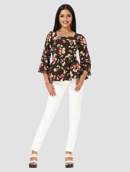 brown floral print bell sleeves peplum top - 20295617 - Very Small Image - 1