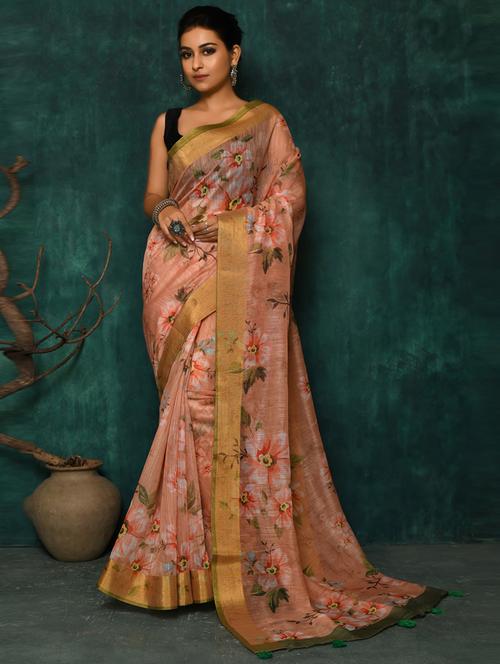 women peach floral printed saree with blouse - 20296726 - Very Small Image - 1