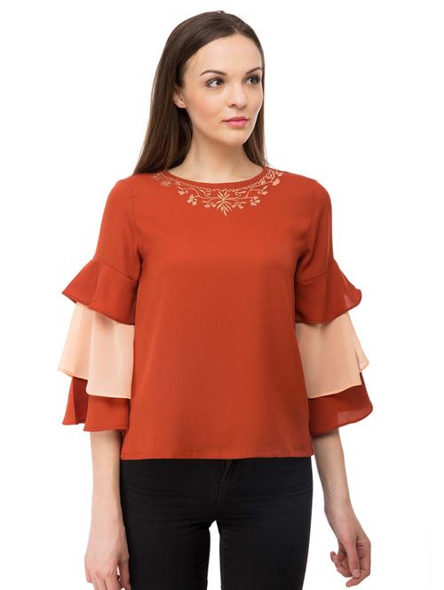 orange solid bell sleeves regular top - 20298879 - Very Small Image - 1