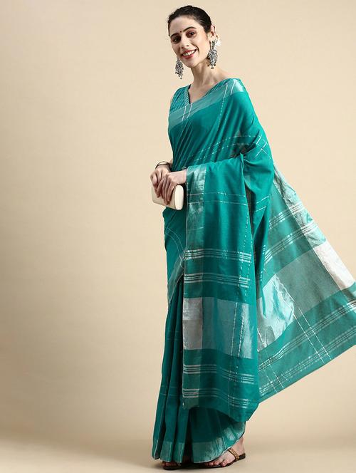 women's checks teal colored saree with blouse - 20299740 - Very Small Image - 1