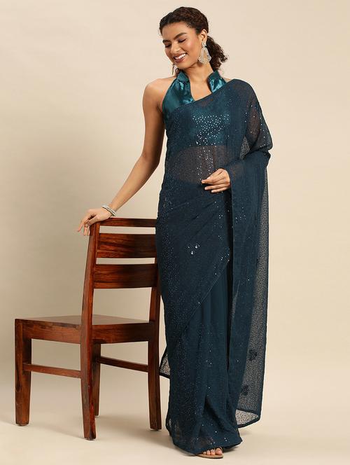 navy blue colored embellished saree - 20299969 - Very Small Image - 1