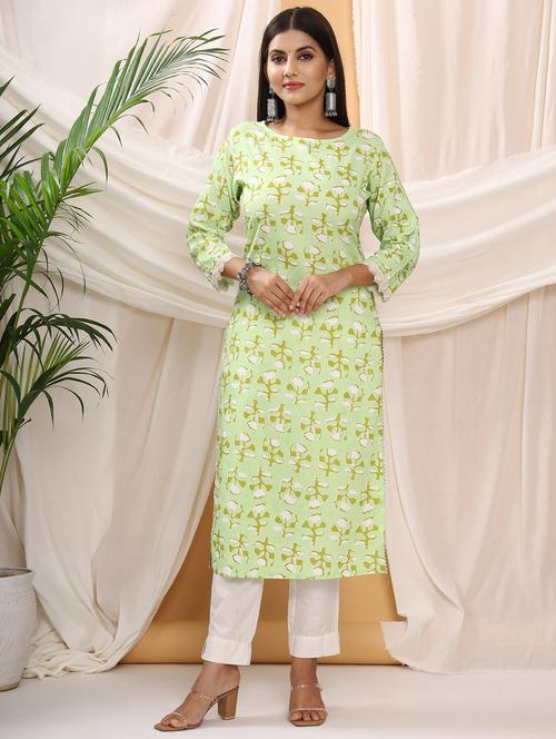 green floral straight kurta - 20302226 - Very Small Image - 1