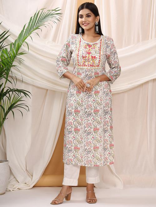 cream floral straight kurta - 20302227 - Very Small Image - 1