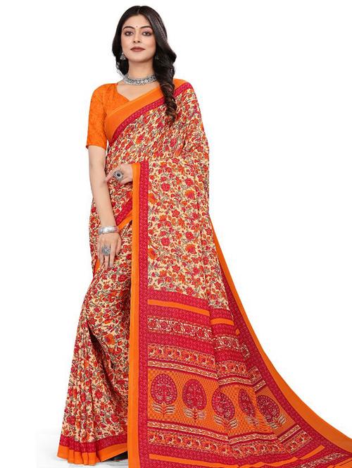women's floral orange colored saree with blouse - 20302517 - Very Small Image - 1
