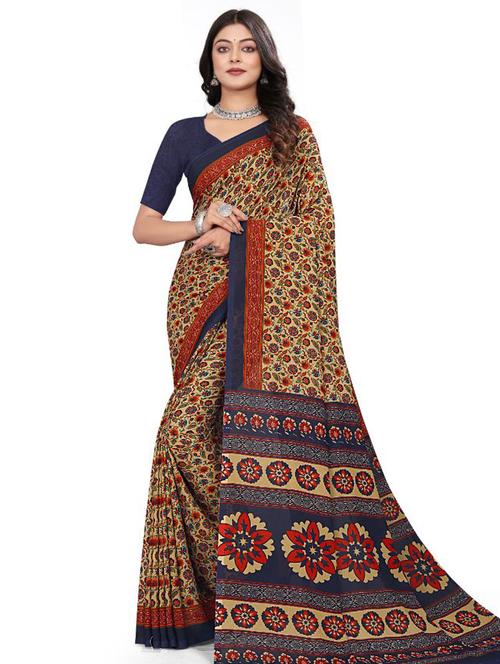women's floral beige colored saree with blouse - 20302529 - Very Small Image - 1