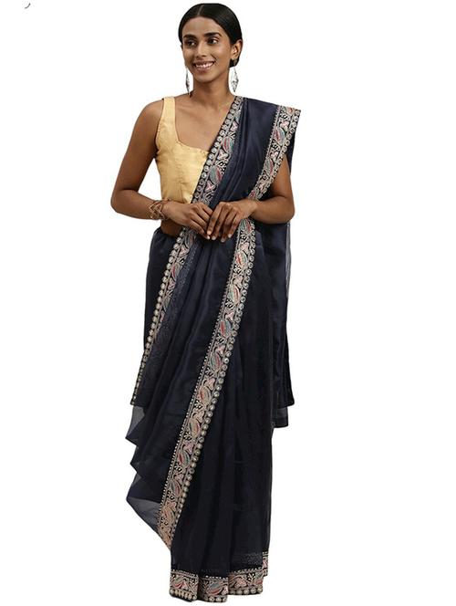 navy blue colored bordered saree with blouse - 20302588 - Very Small Image - 1