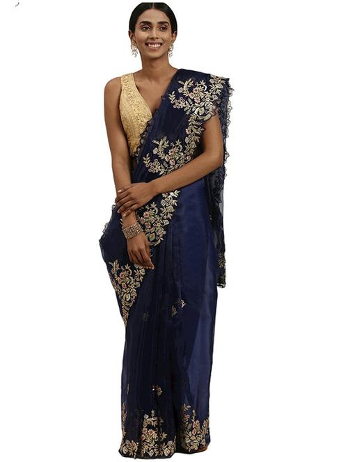navy blue colored embroidered saree with blouse - 20302626 - Very Small Image - 1