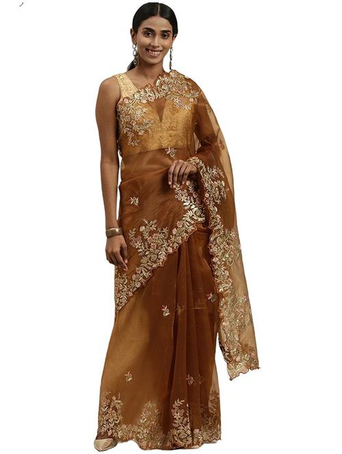 tan colored embroidered saree with blouse - 20302628 - Very Small Image - 1