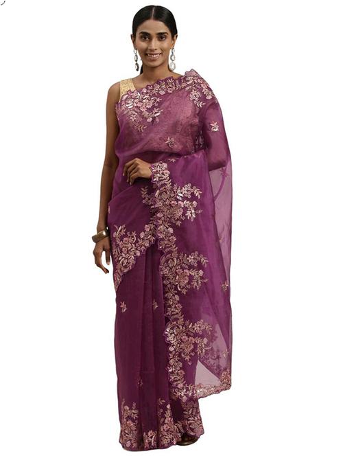 purple colored embroidered saree - 20302629 - Very Small Image - 1