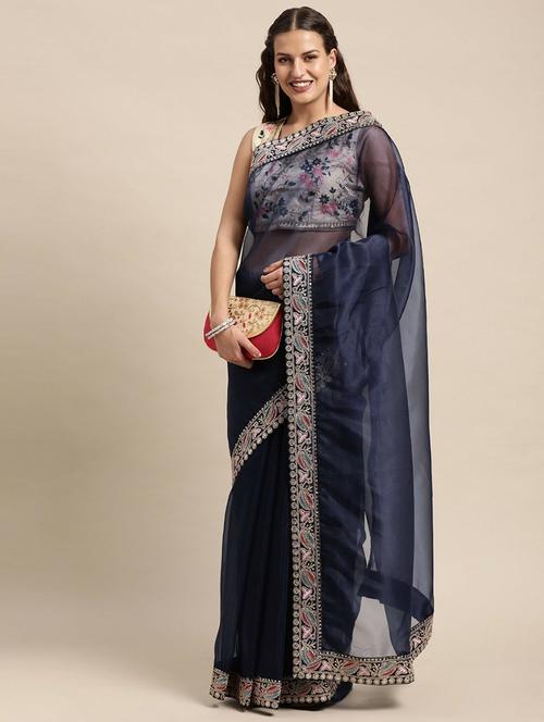 navy blue colored bordered saree with blouse - 20302665 - Very Small Image - 1