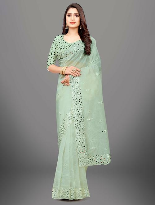 neo mint colored embellished saree with blouse - 20302669 - Very Small Image - 1