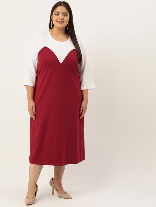 plus size womens maroon & white color block dress - 20302745 - Very Small Image - 1