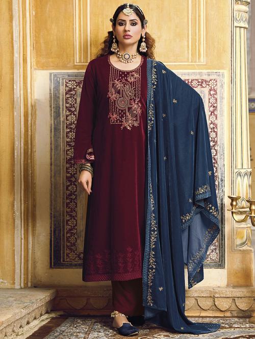 women maroon unstitched palazzo suits - 20303020 - Very Small Image - 1