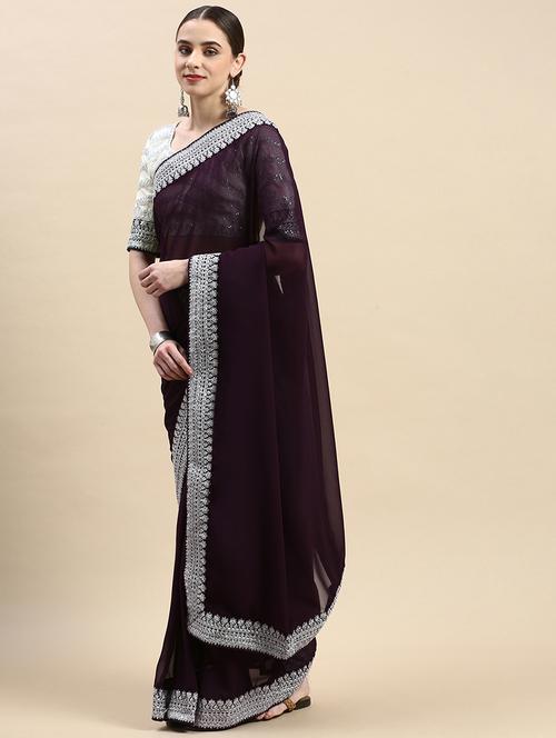 soft georgette saree with silver embroidered border with blouse - 20303107 - Very Small Image - 1
