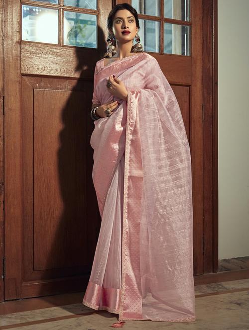 women's stripes pink colored saree with blouse - 20303157 - Very Small Image - 1