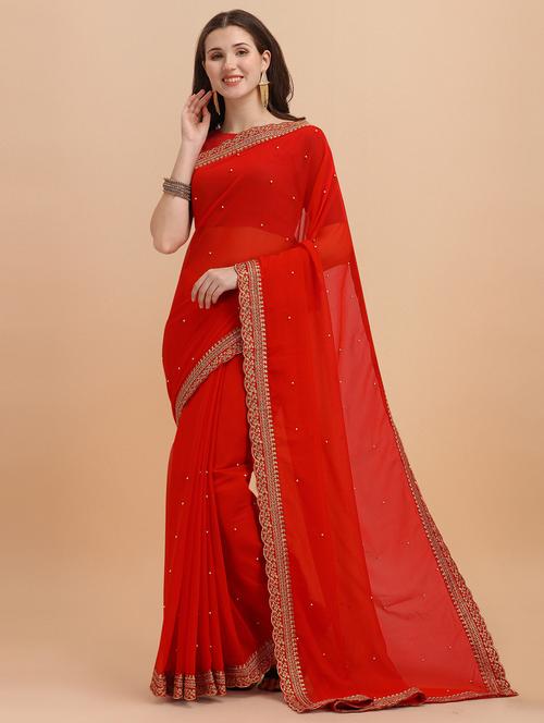 red colored embroidered saree with blouse - 20303321 - Very Small Image - 1