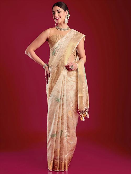 women's self design beige colored saree with blouse - 20305145 - Very Small Image - 1