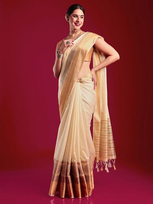 women's self design beige colored saree with blouse - 20305158 - Very Small Image - 1
