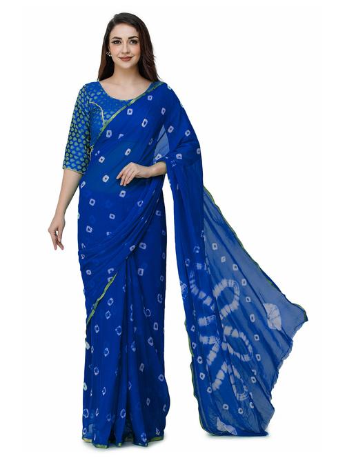 women blue bandhani chiffon saree with blouse - 20305184 - Very Small Image - 1