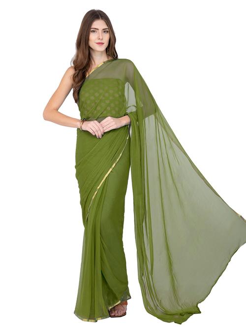 olive colored plain saree - 20305185 - Very Small Image - 1