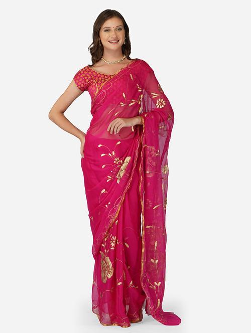 magenta colored printed saree with blouse - 20305195 - Very Small Image - 1