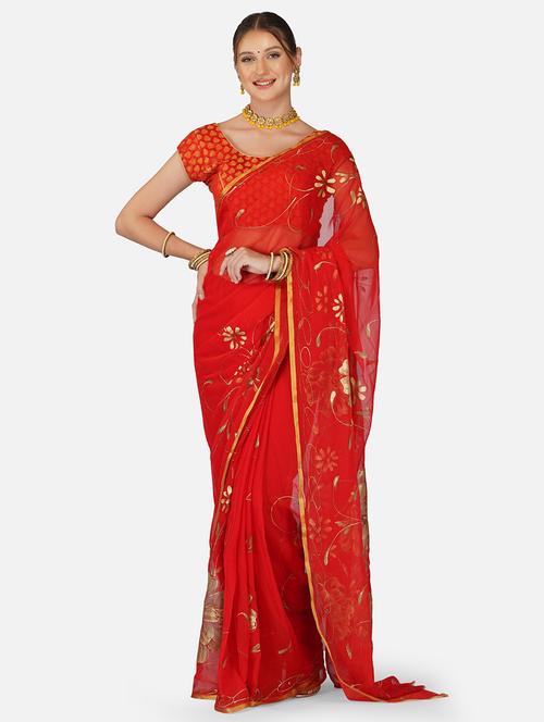 red colored printed saree with blouse - 20305196 - Very Small Image - 1