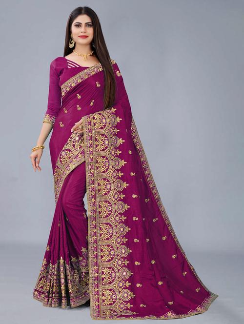 purple colored embroidered saree with blouse - 20305523 - Very Small Image - 1