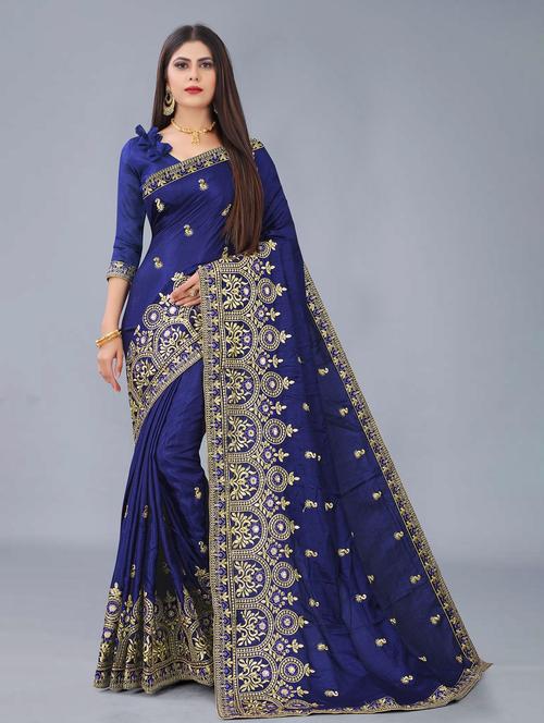 navy blue colored embroidered saree with blouse - 20305528 - Very Small Image - 1