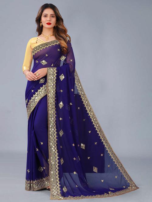 navy blue colored embroidered saree with blouse - 20305533 - Very Small Image - 1