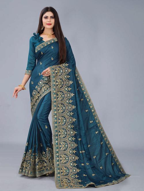 sea green colored embroidered saree with blouse - 20305538 - Very Small Image - 1