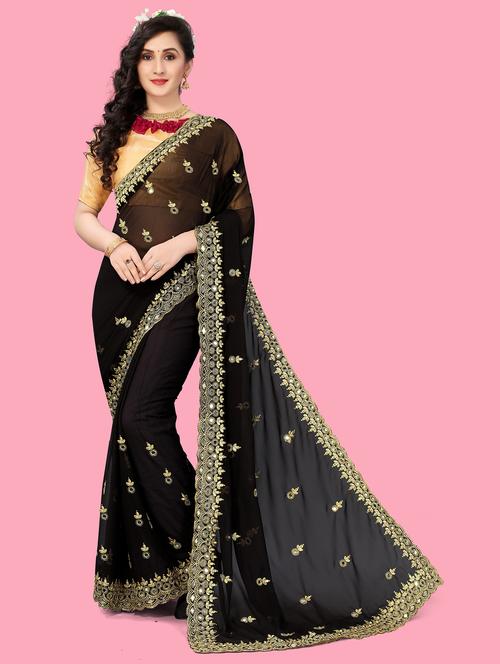 black colored embellished saree with blouse - 20305541 - Very Small Image - 1