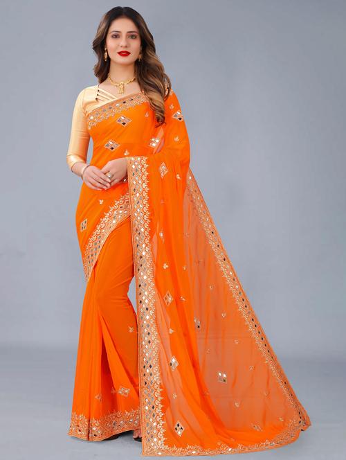 orange colored embellished saree with blouse - 20305550 - Very Small Image - 1