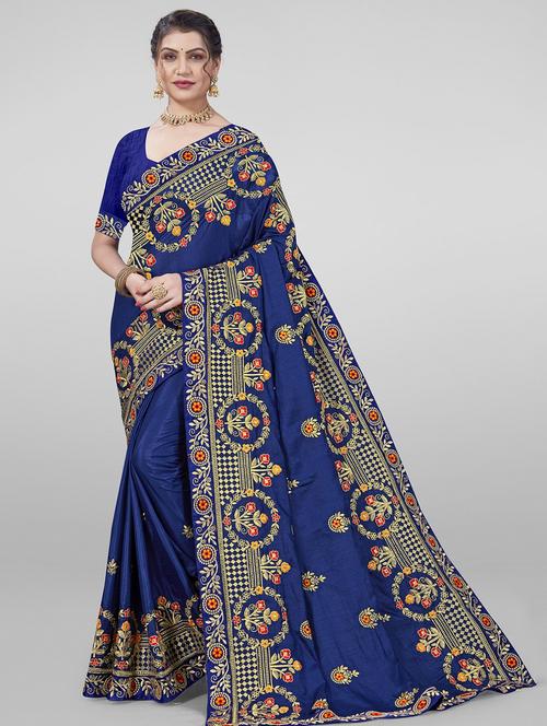 navy blue colored embroidered saree - 20305566 - Very Small Image - 1