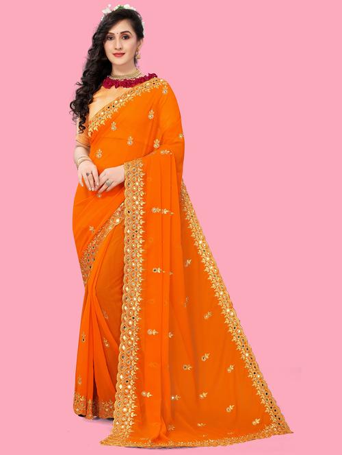 orange colored embellished saree - 20305584 - Very Small Image - 1