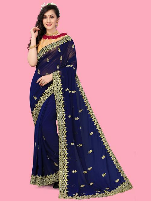 navy blue colored embellished saree with blouse - 20305601 - Very Small Image - 1