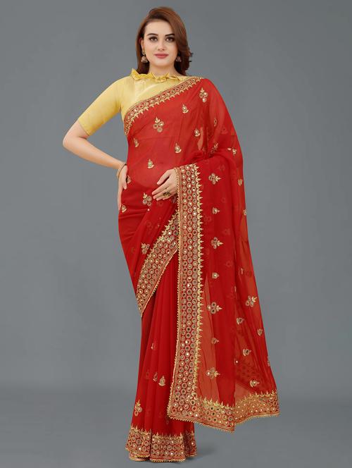 red colored embellished saree with blouse - 20305618 - Very Small Image - 1