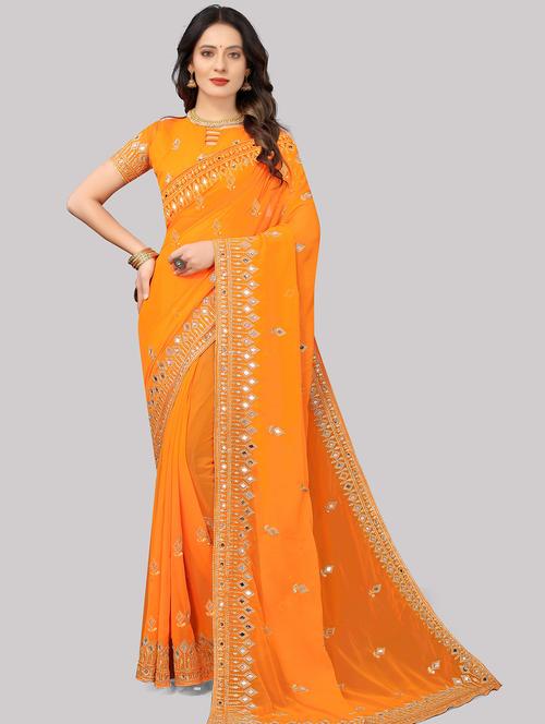 orange colored embellished saree with blouse - 20305704 - Very Small Image - 1